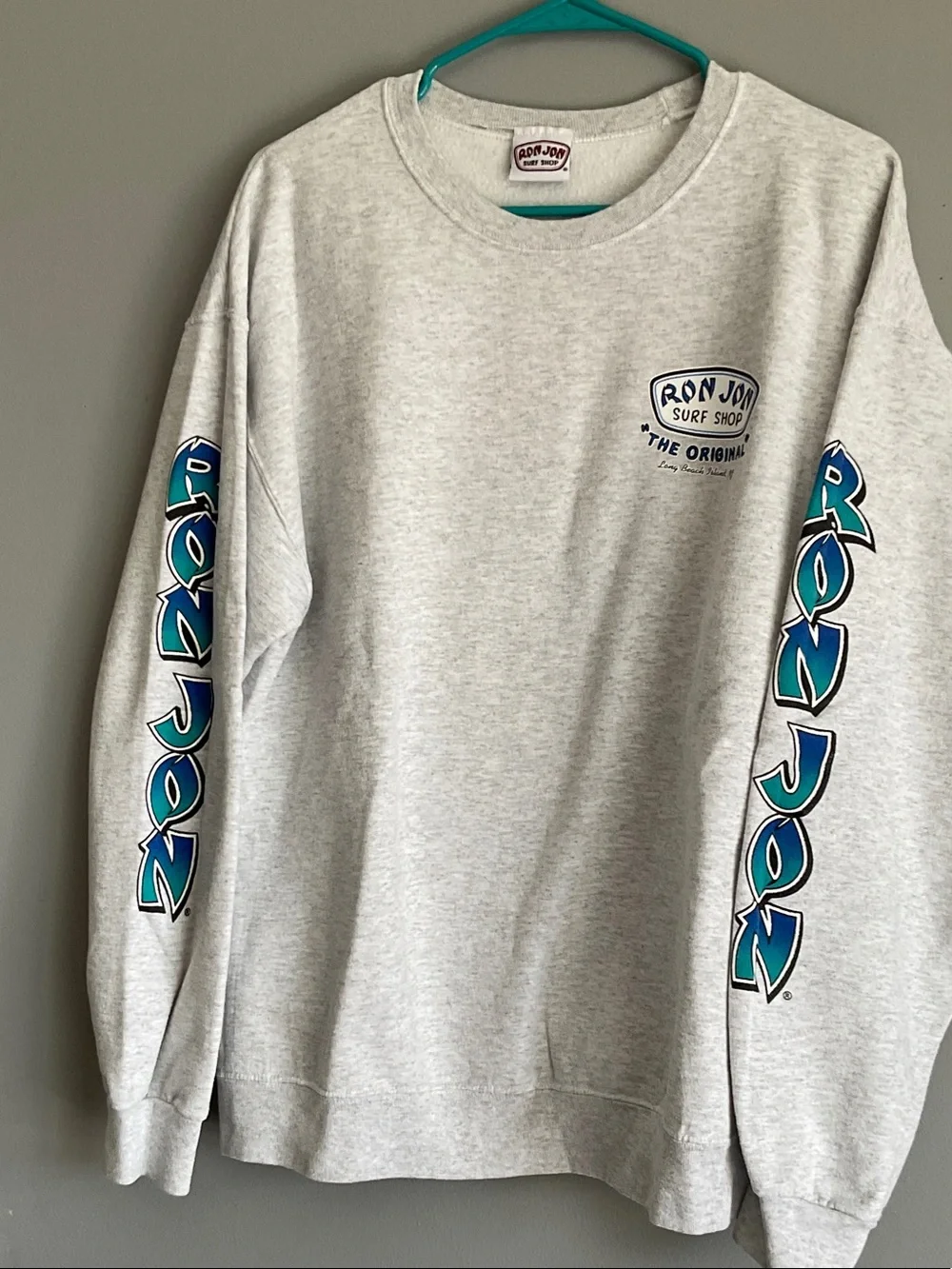 Ron Jon Gray Crewneck Sweatshirt with Teal & Navy Sleeve Logos